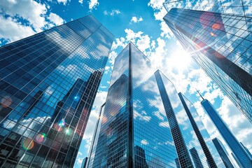 Modern business skyscrapers with reflective glass facades.