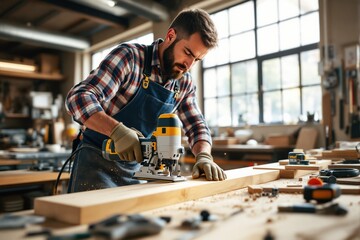 Focused carpenter cutting wooden plank with power tool in workshop.