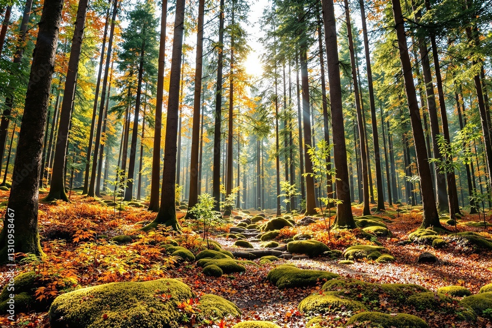 Poster autumn forest with sunlight filtering through trees.