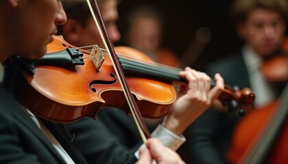 Musicians play violins at concert. Orchestra performs classical music. Violinist holds fiddle. Dark background. String instruments in symphony hall. Performance style. Players with bows. Close-up