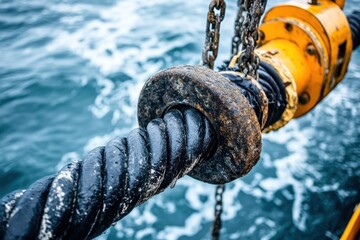 Close-up of rusty, black rope on a ship, secured by aged metal. Illustrates maritime industry, seafaring, and nautical themes.