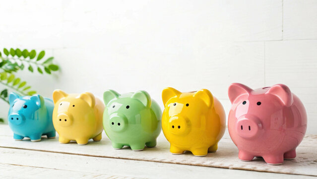 A row of multi-colored piggy banks symbolizes various financial strategies and methods of accumulation. Bright colors create a dynamic and positive visual effect.