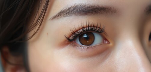 Fototapeta premium Macro of asian woman brown eye with long lashes extensions. Beauty concept of young model face skin care, cosmetic, eyeball, health, eyesight, make up, white lens.