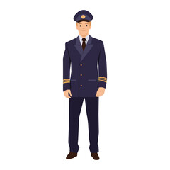 Obraz premium Young Airline Pilot in Uniform man. Flat vector illustration isolated on white background