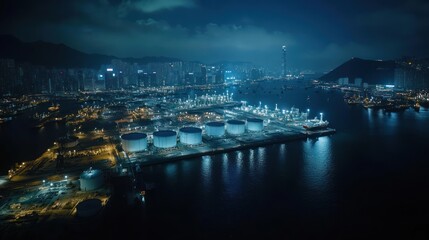 Night city harbor oil refinery industrial