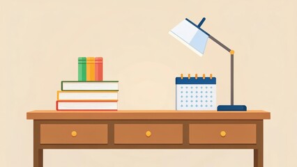 a desk with a lamp, a calendar, and a stack of books, a modern workspace. The lamp casts a warm glow, perfect for reading or studying