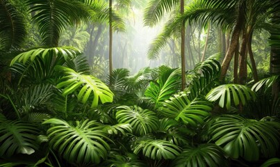 Fototapeta premium Lush tropical rainforest path with sunlight filtering through dense foliage
