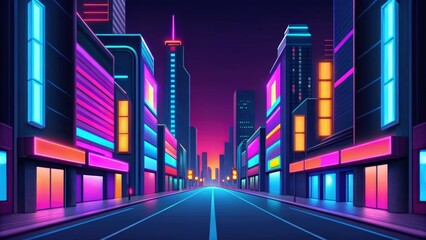 a vibrant, neon-lit cityscape with tall buildings and an empty street stretching into the distance