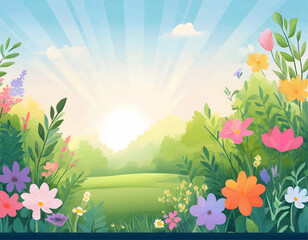 Fototapeta premium A lush vector-style garden background featuring vibrant flowers, green foliage