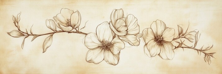 Hand drawn botanical sketches on aged paper showcasing detailed floral line art with a soft vintage aesthetic and elegant balance