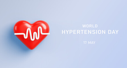World hypertension day 3d banner. Red heart with beat pulse line on blue background render. Measure and control blood pressure, health preservation. Medical design for cardiology. 3D illustration