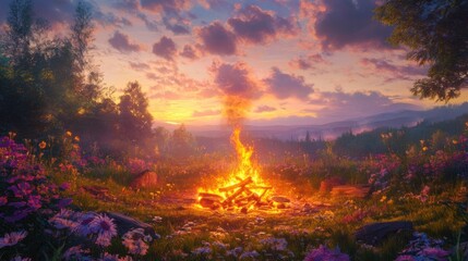 A serene sunset over mountains with a campfire in the foreground.
