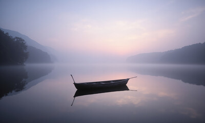 Lonely fishing boat on a misty lake at dawn for quiet and reflective themes. A small, wooden fishing boat floats alone