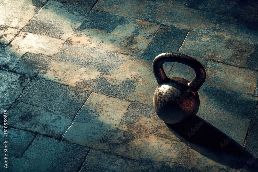 Poster kettlebell positioned on textured gym floor with soft lighting for workout inspiration and exercise 