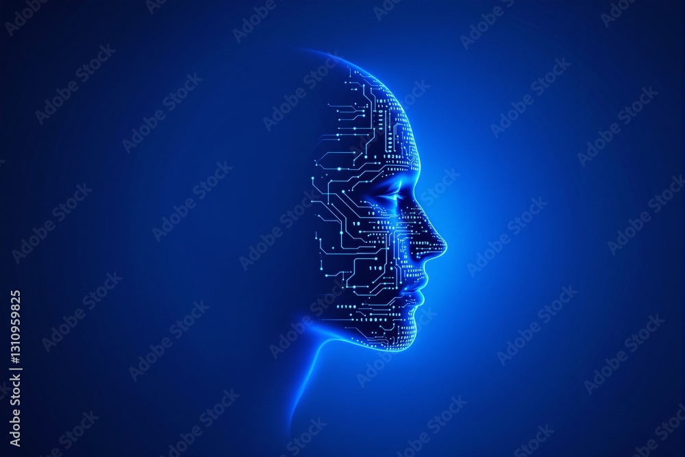 Poster digital human head with circuit patterns on blue background.