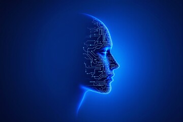 Digital human head with circuit patterns on blue background.