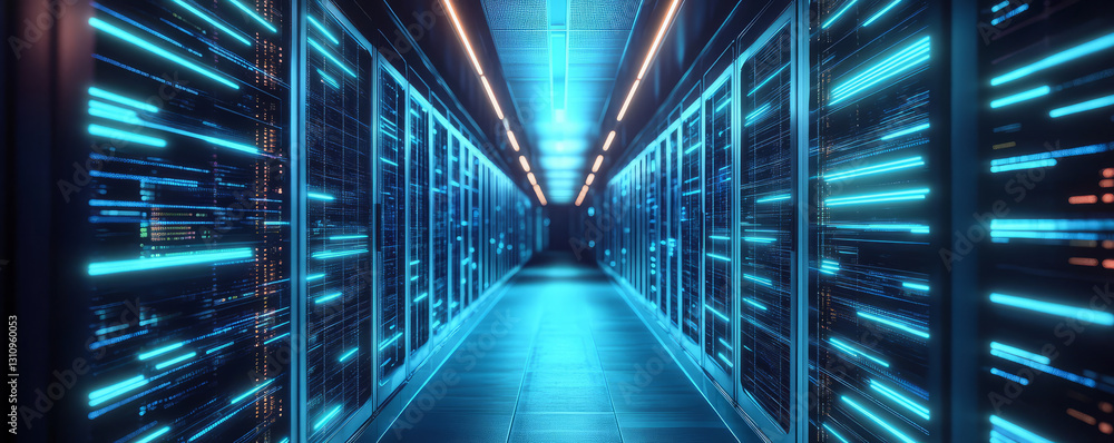 Poster futuristic digital corridor with glowing blue lines and server racks, creating high tech atmosphere