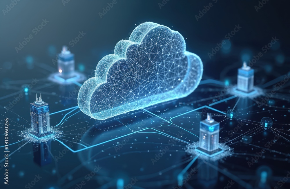 Aufkleber Illustration of data transfer cloud computing tech concept. Large cloud icon with internal connections in center. Data centers, network nodes connected to cloud server. High quality generative AI