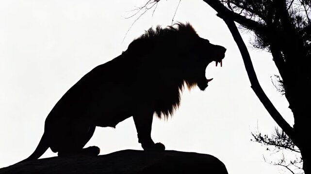 A Black Silhouette lion that is roaring on a rock on white background