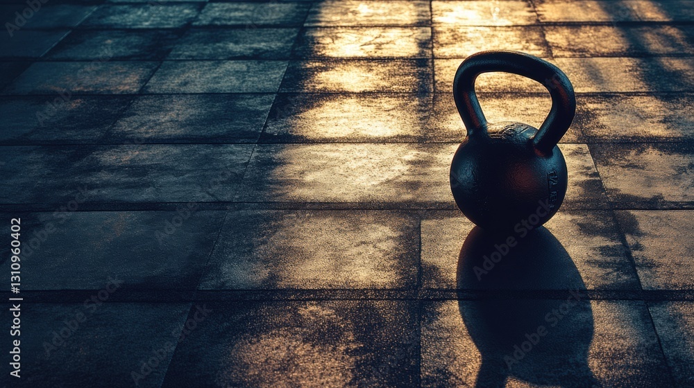 Poster kettlebell on textured gym floor illuminated by soft lighting for strength training and exercise mot