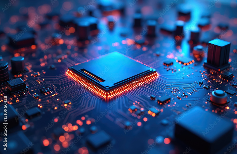 Leinwandbilder circuit board with glowing neon orange light. futuristic technology abstract blue background. microp