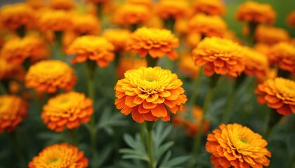 Vibrant marigold Tagetes erecta flowers bloom. Natural garden. Symbolize passion, creativity. Orange, yellow petals, green foliage. Fresh blossoms represent growth. Floral beauty for backgrounds,