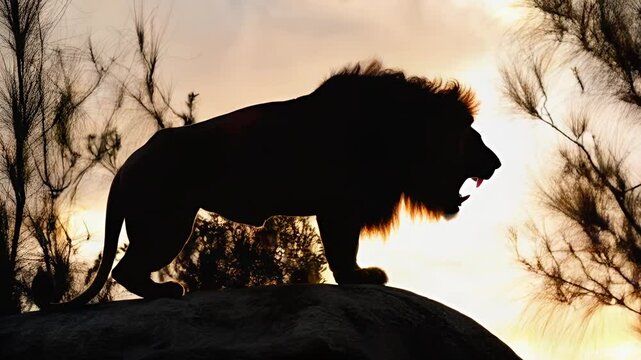 A Black Silhouette lion that is roaring on a rock