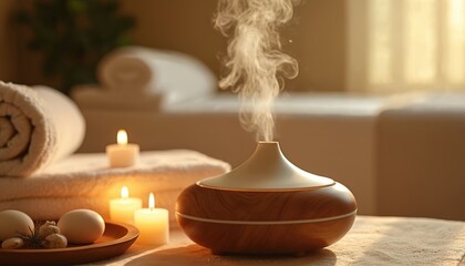 Serene spa setting features aroma diffuser emitting essential oil mist, candles, rolled towels on massage table. Relaxing ambient atmosphere with warm light, peaceful design, aromatherapy for