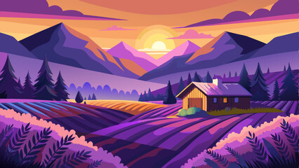 warm sunset over a mountain valley filled with endless purple lavender fields and small rustic wooden cabins.