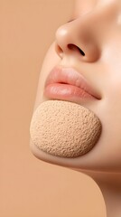 A woman's face is shown with a large, white, round makeup sponge on her cheek