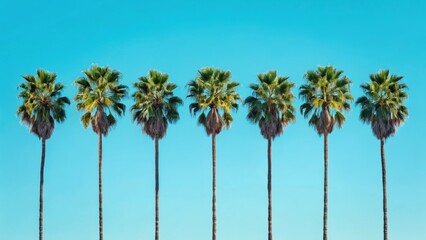 seven palm trees standing tall under a clear blue sky, in a row