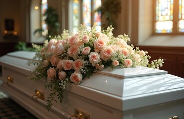 Closeup of white casket decorated with fresh roses at funeral service. Mourning solemn occasion in church with coffin and flower arrangement. Condolences or last farewell theme.