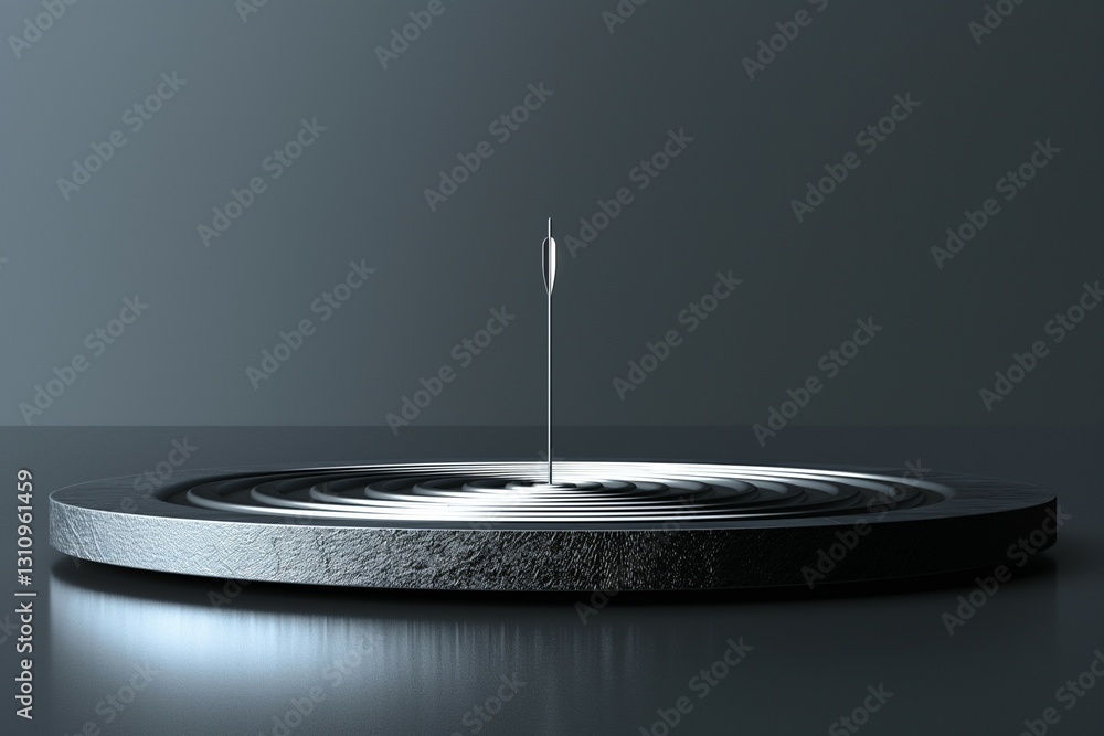 Poster a close-up of a metallic needle piercing through a textured surface, creating ripples in the dark ba
