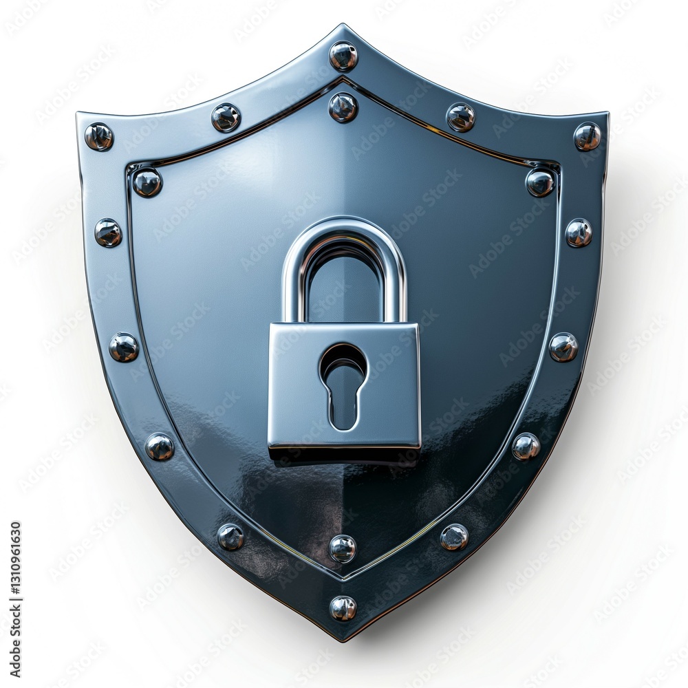 Poster a shiny metallic shield featuring a secure padlock symbolizes protection and security.