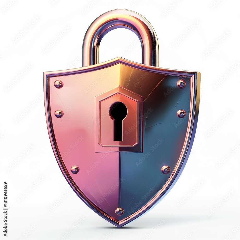 Poster a shiny, multicolored padlock with a shield design, symbolizing security and protection.