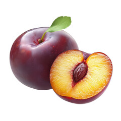 Fresh and Juicy Red Plum Isolated on White Background with a Sliced Half Displaying Bright Yellow Flesh and Deep Purple Skin, Perfect for Healthy Eating and Cooking Concepts