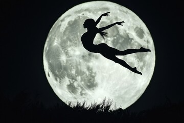 A silhouette of a dancer gracefully leaps against the backdrop of a large, luminous full moon.