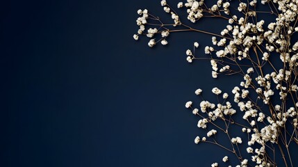 Delicate white flowers arranged on a dark blue background
