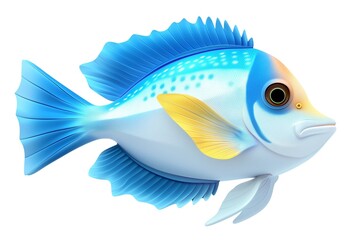 Fototapeta premium A vibrant blue and yellow cartoon fish swimming expressively in a playful underwater scene.
