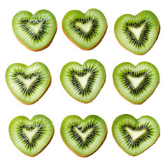 Fototapeta premium Fresh and Healthy Heart-Shaped Kiwi Slices Arranged in a Grid Pattern, Perfect for Dietary, Culinary, and Wellness Themes in Stock Photography