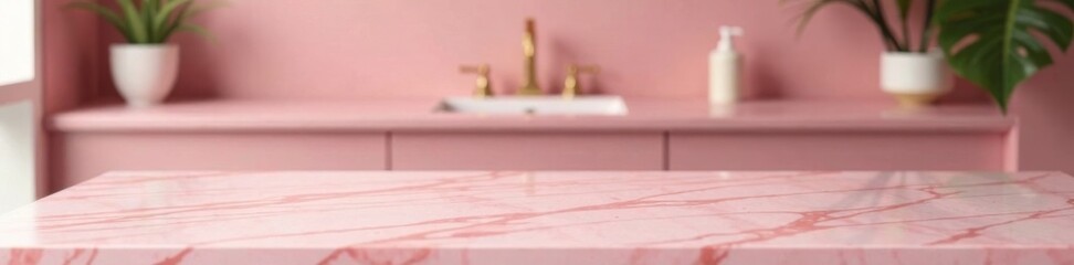 Elegant product display table on a pink marble top with blurred bathroom background, table, interior