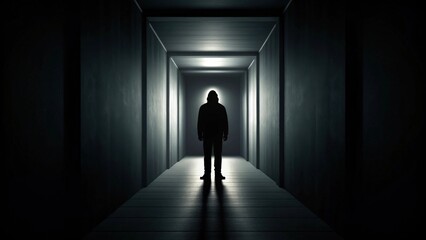 Fototapeta premium a silhouette of a person standing at the end of a long dark corridor, lit by a bright light