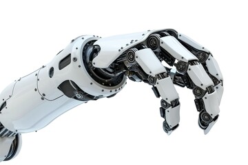 A sleek, white robotic hand gracefully reaching out, showcasing intricate mechanical details and modern design.