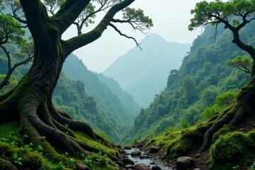 Ancient forest with twisted tree trunks and moss-covered branches amidst misty Kungey Alatau mountains backdrop , trees, wildlife