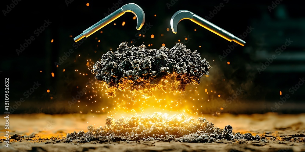 Poster dynamic explosion of debris and sparks with tools in a dark industrial setting