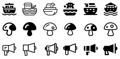  "Mushroom, Noah's Ark, and Loudhailer Icon Set – Unique Vector Symbols"