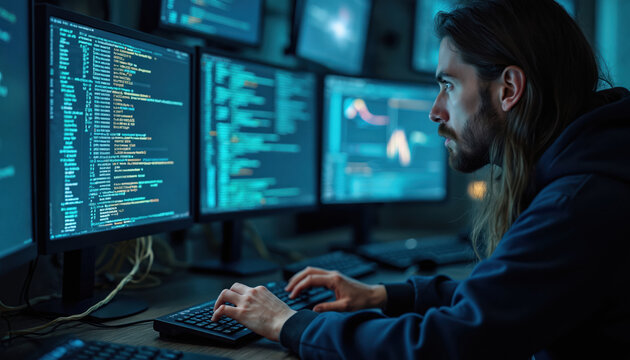 Software engineer types code on keyboard. Developer works with multiple monitors writing program code. IT professional creates new app or fix bugs in existing software. Coding, programming concept.