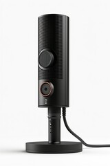 Sleek, modern black microphone on a clean, white background, showcasing its stylish design and professional features.