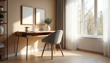 Modern scandinavian home office interior with wooden writing desk, grey chair. Minimalist workplace against window. Comfortable apartment living room decor with lamp, stylish design. Nobody inside,