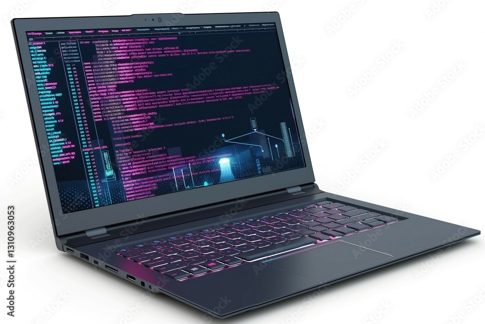 Poster a modern laptop showcasing a vibrant screen filled with colorful code, creating a tech-savvy atmosph